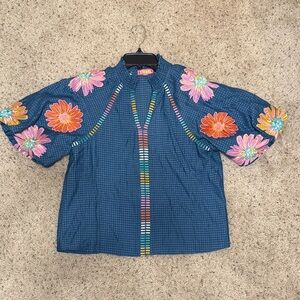 THML Blue Blouse with Colorful Floral Embroidery S